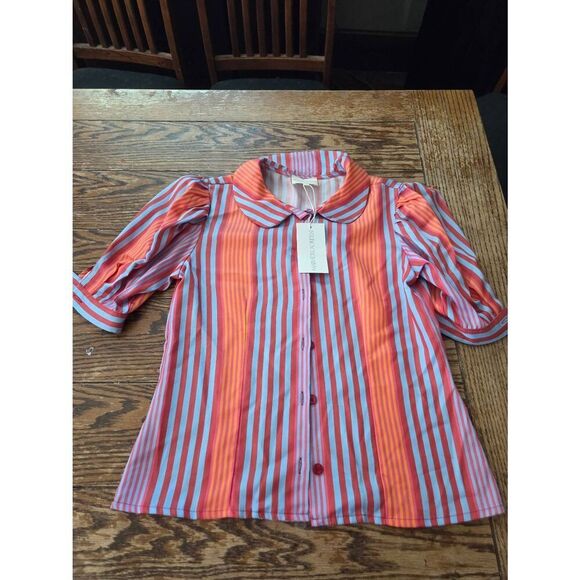 NWT MARIA DE LA ORDEN Firenze Striped Poplin S/s Shirt In Multicolor sz Small - Picture 2 of 6